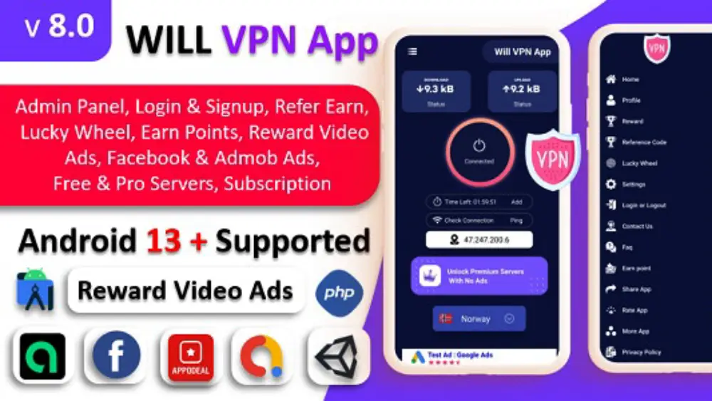 WILL VPN App – VPN App With Admin Panel – Refer & Earn | Reward Lucky Wheel v8.0 Free Download